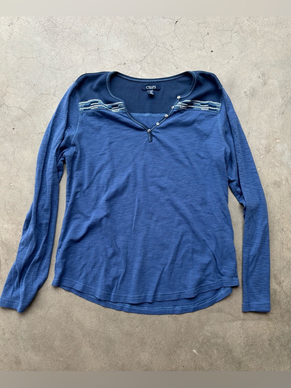 Chaps Denim Embroidered Yoke Henley Long Sleeve Top Blue Women's XL